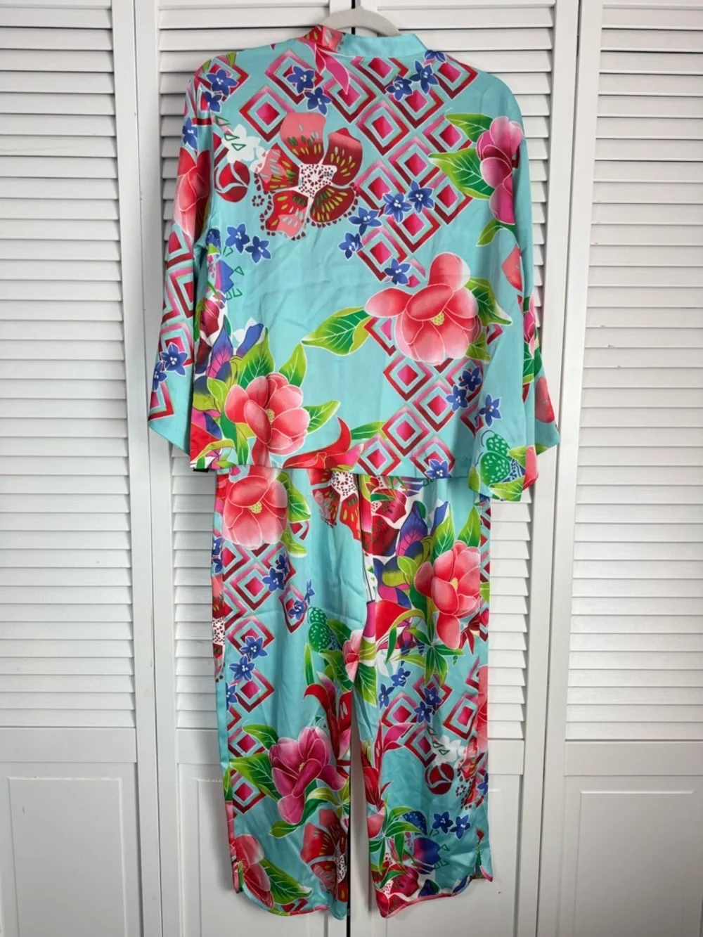 Tropical Floral Satin Pajama Set in Aqua & Pink